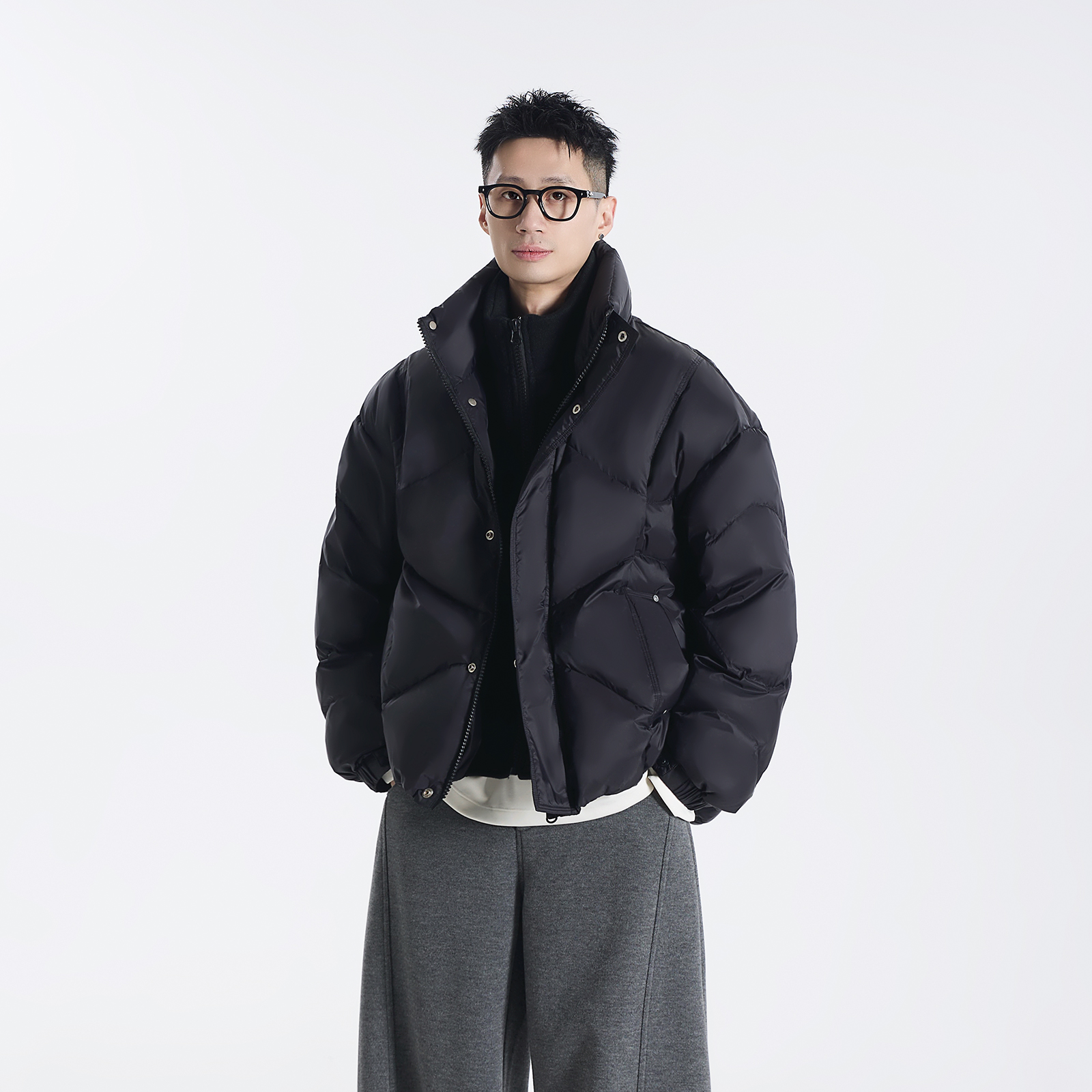 GCCDUPE77『旧冬序』原纱羊毛混纺90鸭绒毛呢拼接假两件立领羽绒服