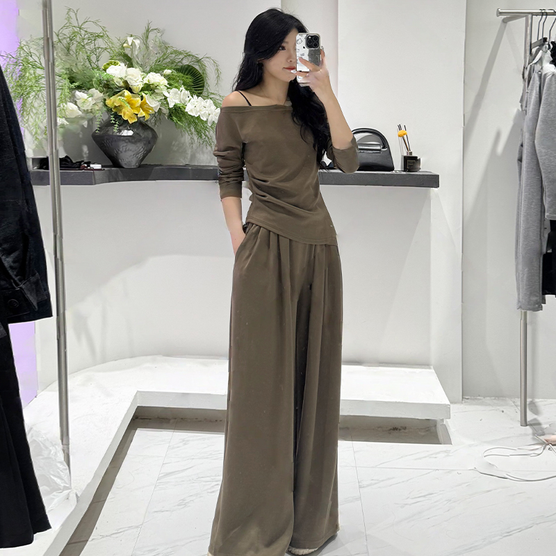 高含棉2025年春秋新款休闲减龄套装女露肩上衣宽松阔腿裤两件套