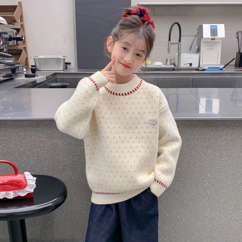女童毛衣秋冬装针织衫2025新款儿童洋气一体绒加厚红色冬季打底衫