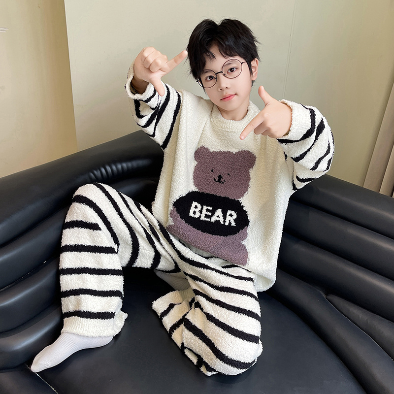 男童家居服秋冬保暖套装卡通半边绒睡衣可外穿女童加厚软绵慵懒风