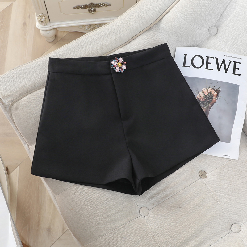 彩色钻扣高腰西装短裤女垂感休闲裤韩版时尚宽松显瘦辣妹阔腿裤子