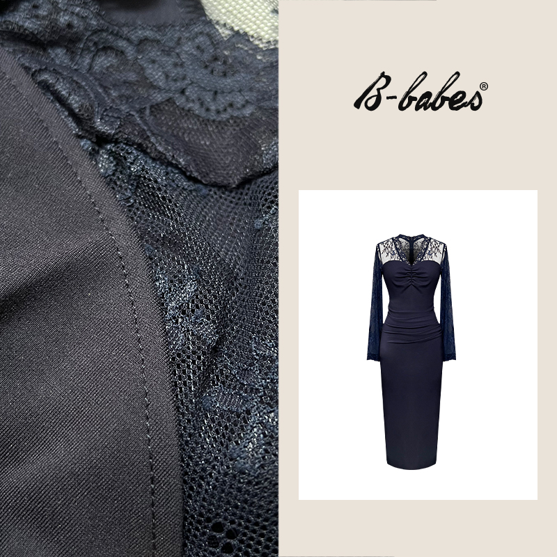 B-babes【舒缓协奏】性感蕾丝长袖连衣裙御姐修身包臀裙礼服长裙