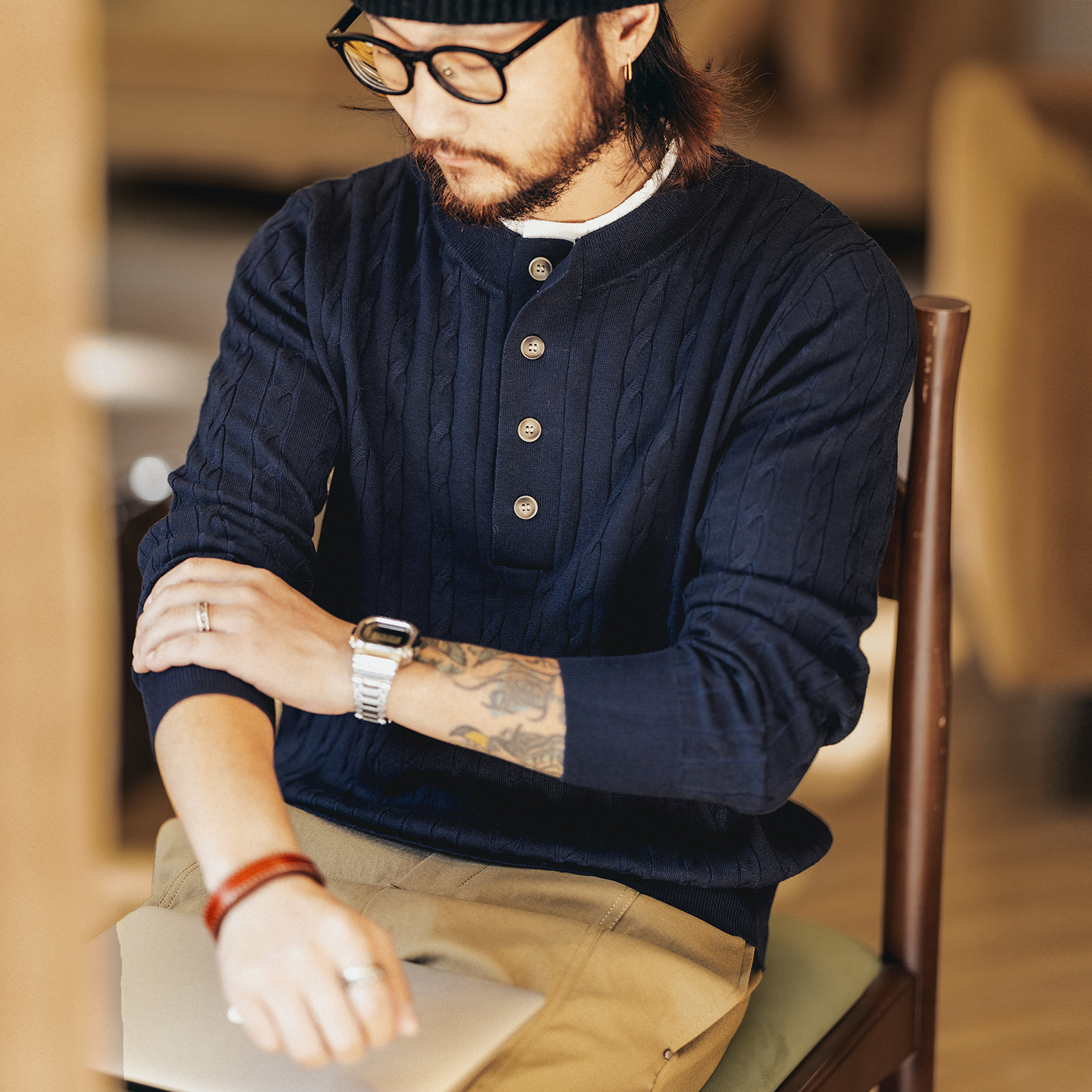 格蓝鹿美式复古假两件毛衣男冬季潮牌亨利领绵羊毛衫宽松针织衫男