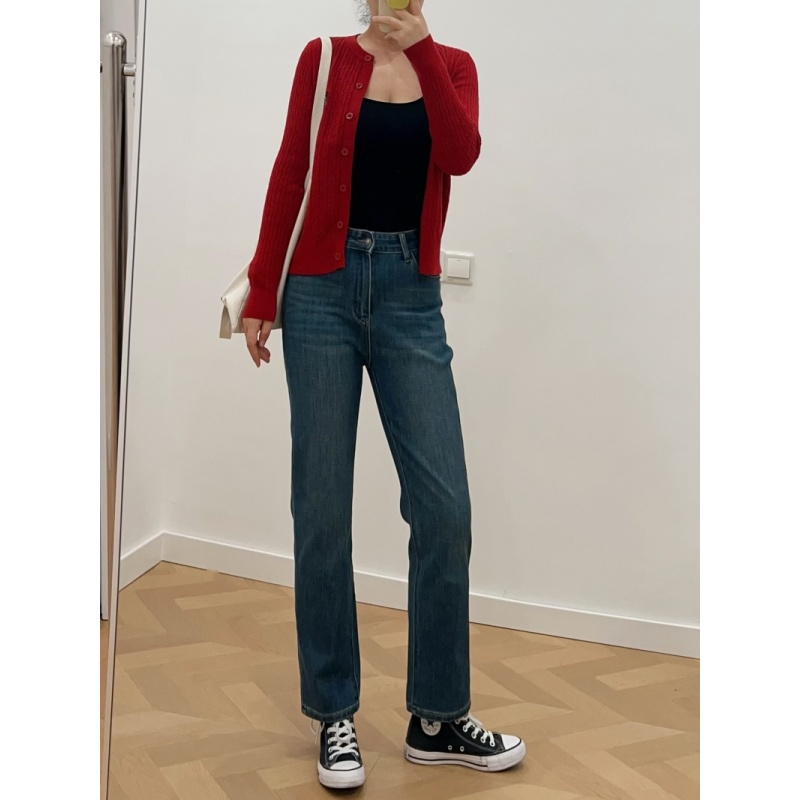 复古拼色印花九分牛仔裤女2025秋新款梨形身材高腰显瘦弹力直筒裤