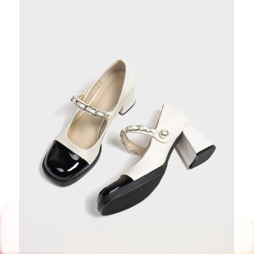 小香风法式复古玛丽珍鞋仙女风小皮鞋黑白拼色珍珠粗跟单鞋高跟鞋