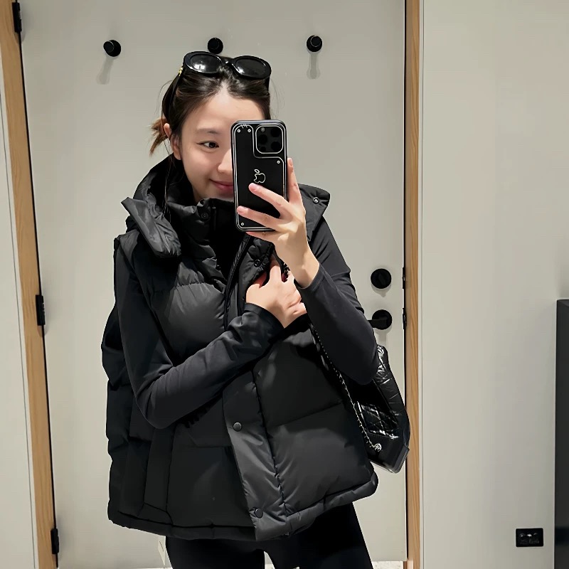 Lu家五格系列95%白鸭绒羽绒服马甲背心女带帽经典时尚气质短上衣