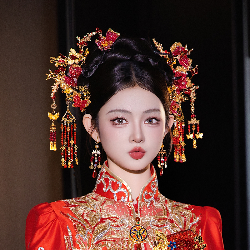 合金树脂婚庆饰品 新款新娘发饰红金色秀禾百搭复古婚礼发饰D0669