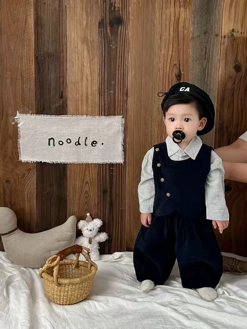 秋季婴儿衣服男宝宝韩系马甲衬衫长裤西装三件套儿童套装周岁礼服