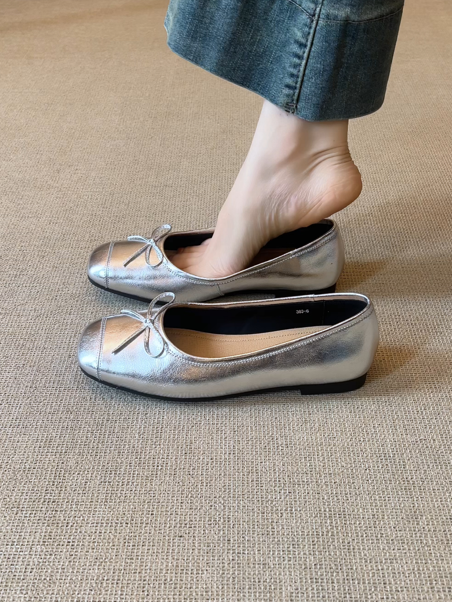 Elingjk/1.5cm法式复古风芭蕾舞鞋方头蝴蝶结浅口平底单鞋