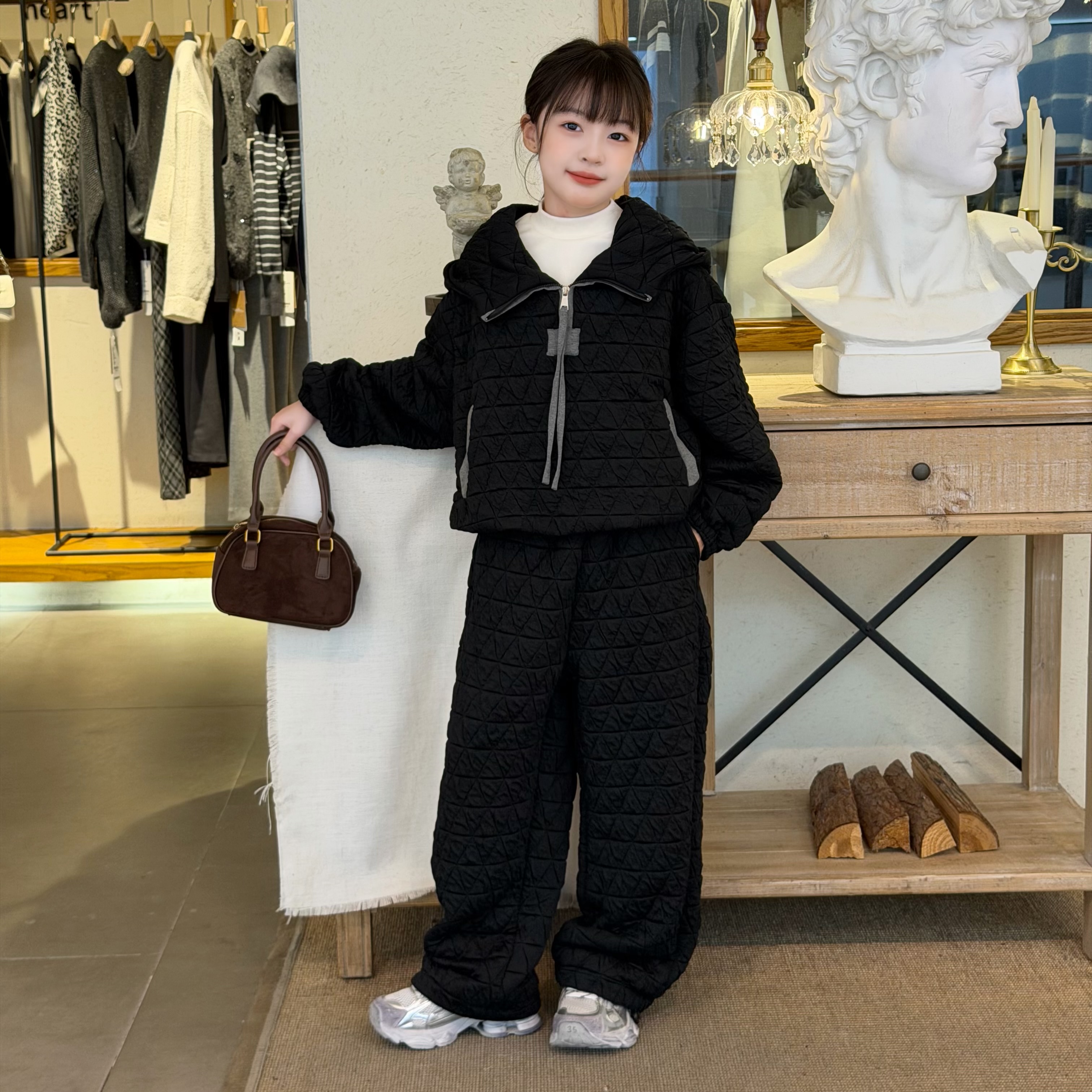 黑色时髦精女童菱形格航线棉衣连帽套装2025冬季时尚阔腿裤两件套