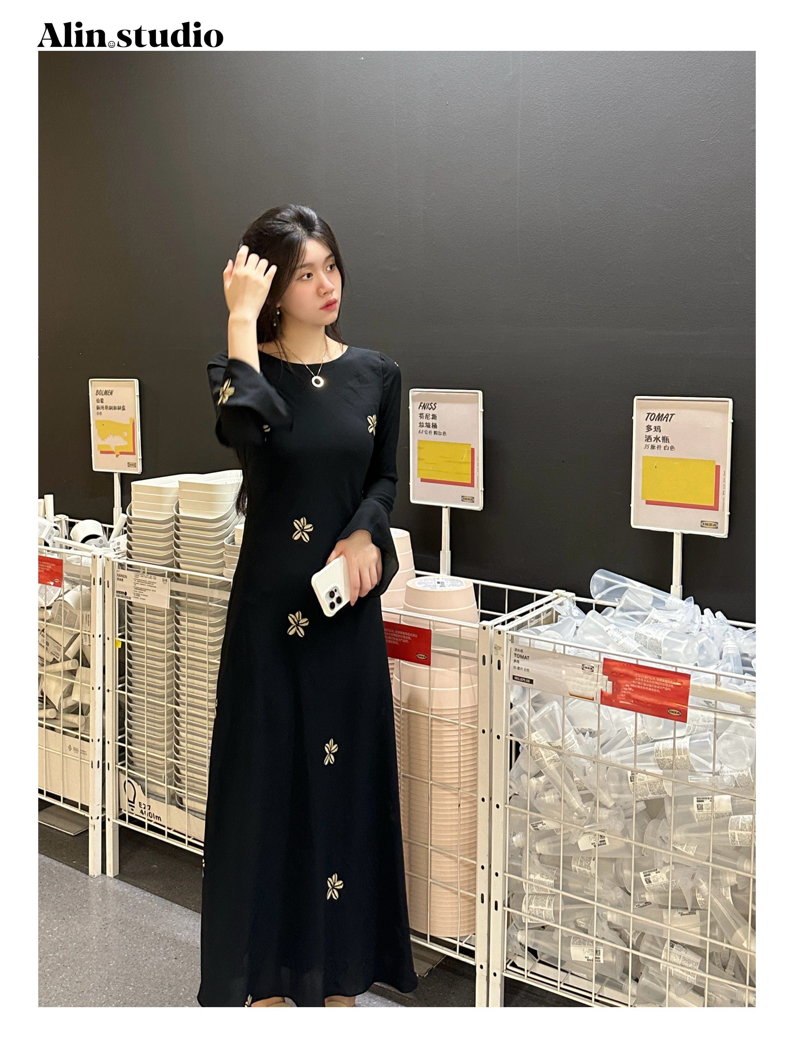 【Alin】（金贝花）摩登女王45度斜裁轻奢显瘦气质喇叭袖修身长裙