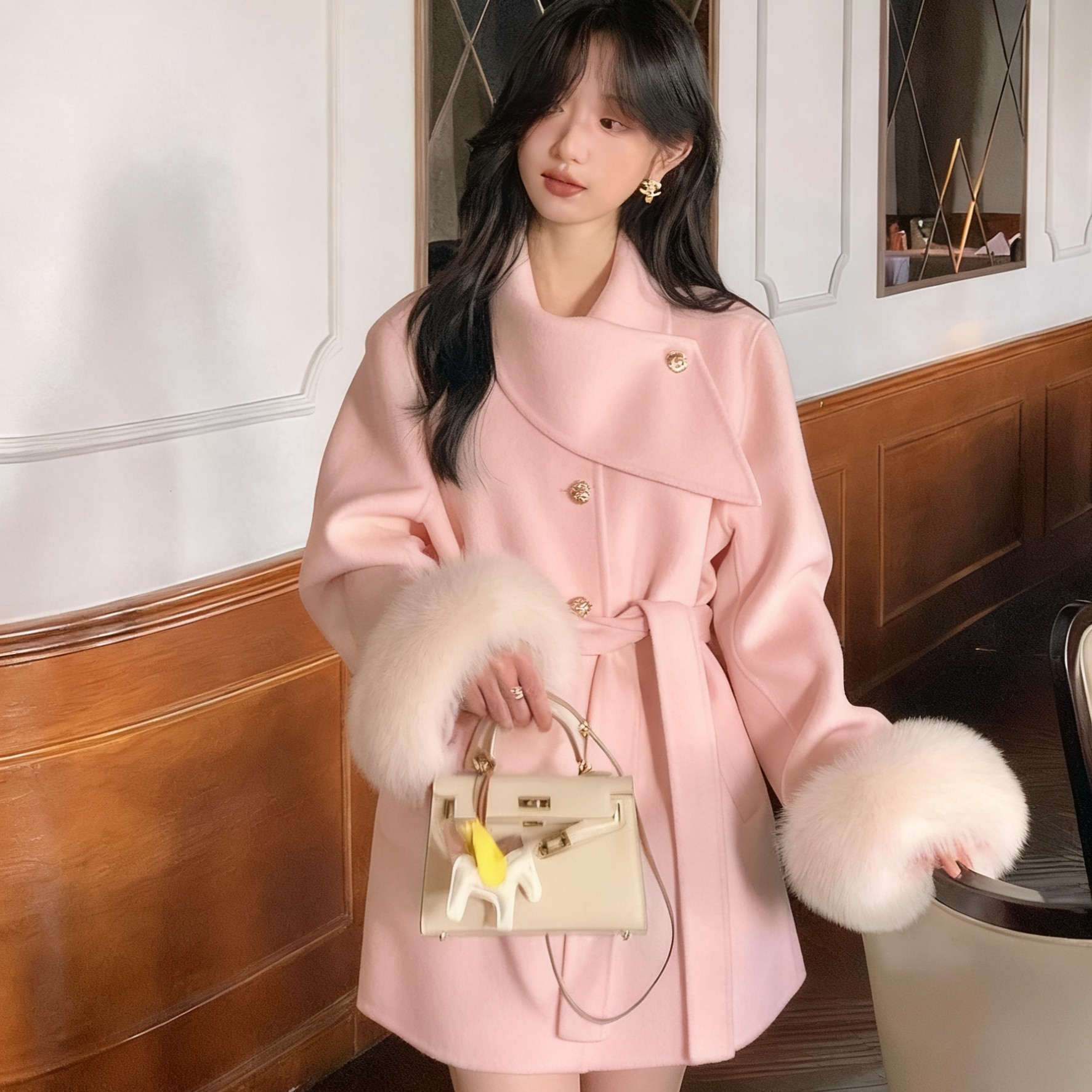 财阀千金围脖款年新款法式毛呢外套女冬季韩系中长款加厚呢子大衣