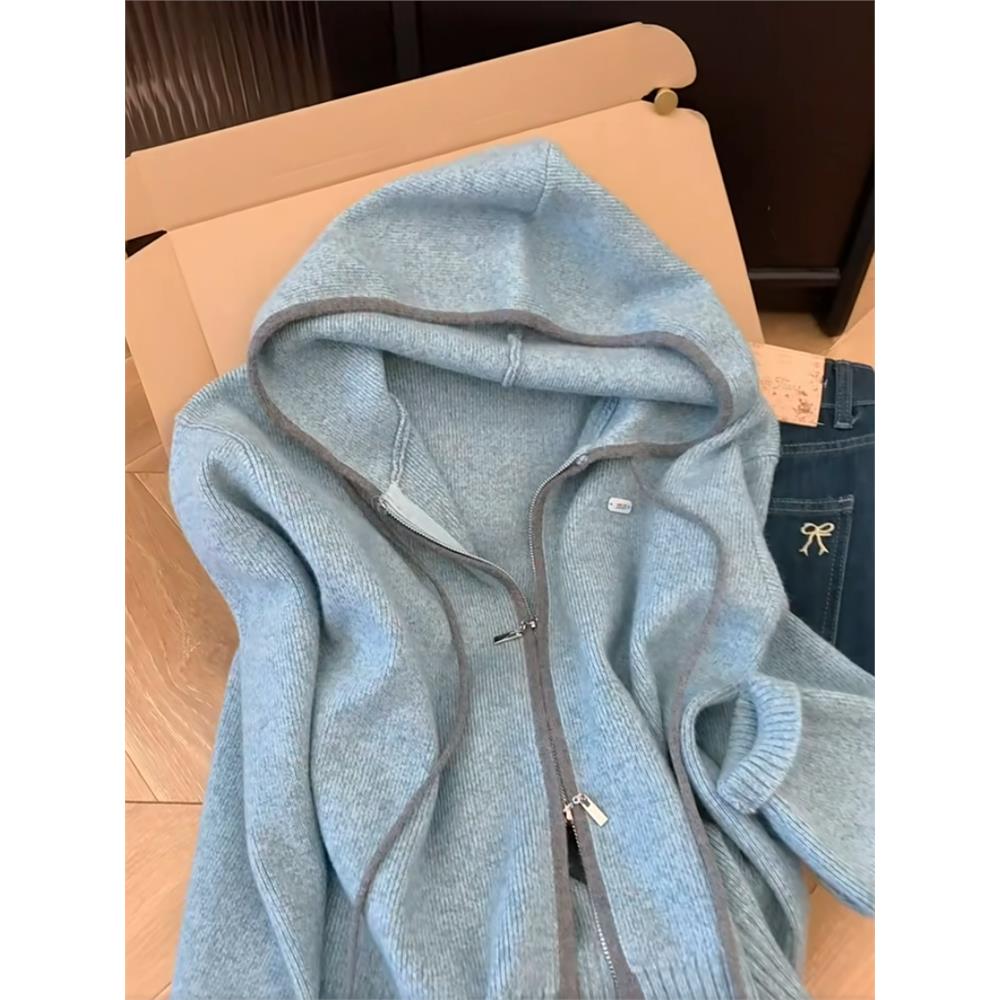 自留款推荐~蓝色连帽双拉链针织开衫女秋冬季慵懒风宽松软糯毛衣
