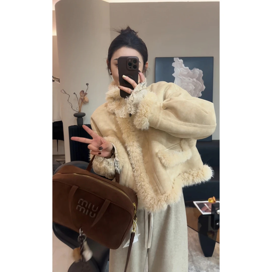 羊羔毛皮毛一体短外套女2025冬小个子加厚保暖机车毛毛上衣