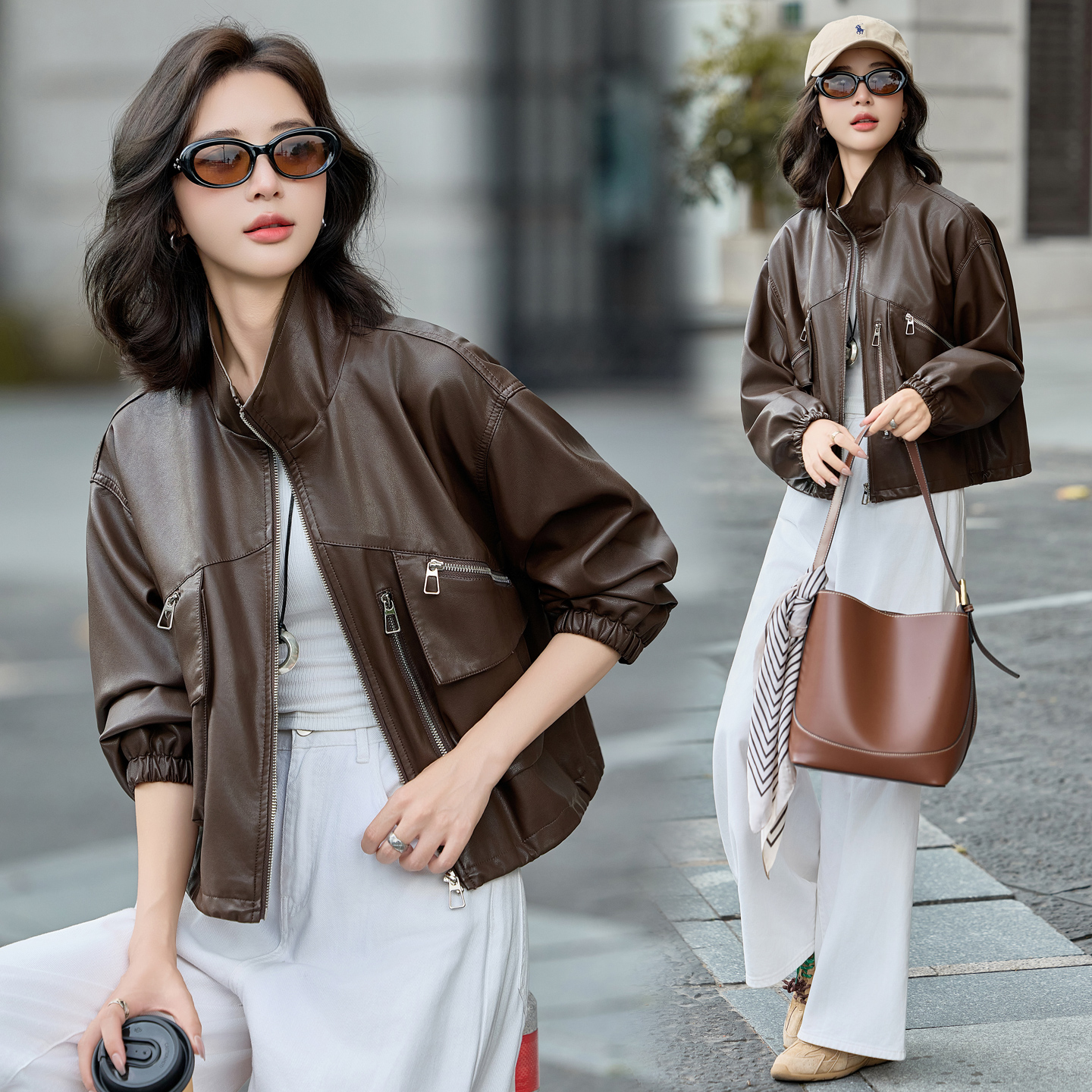 宽松拼接不爆皮皮夹克秋季洋气皮衣上衣短款时尚百搭休闲pu皮外套