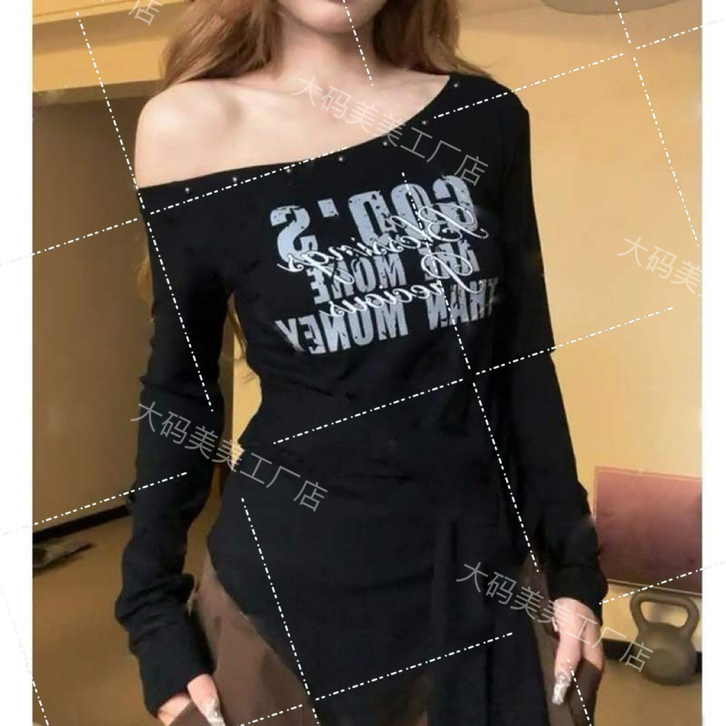 大码微胖MM性感印花收腰显瘦纯欲风绑带一字肩长袖时尚上衣女小众