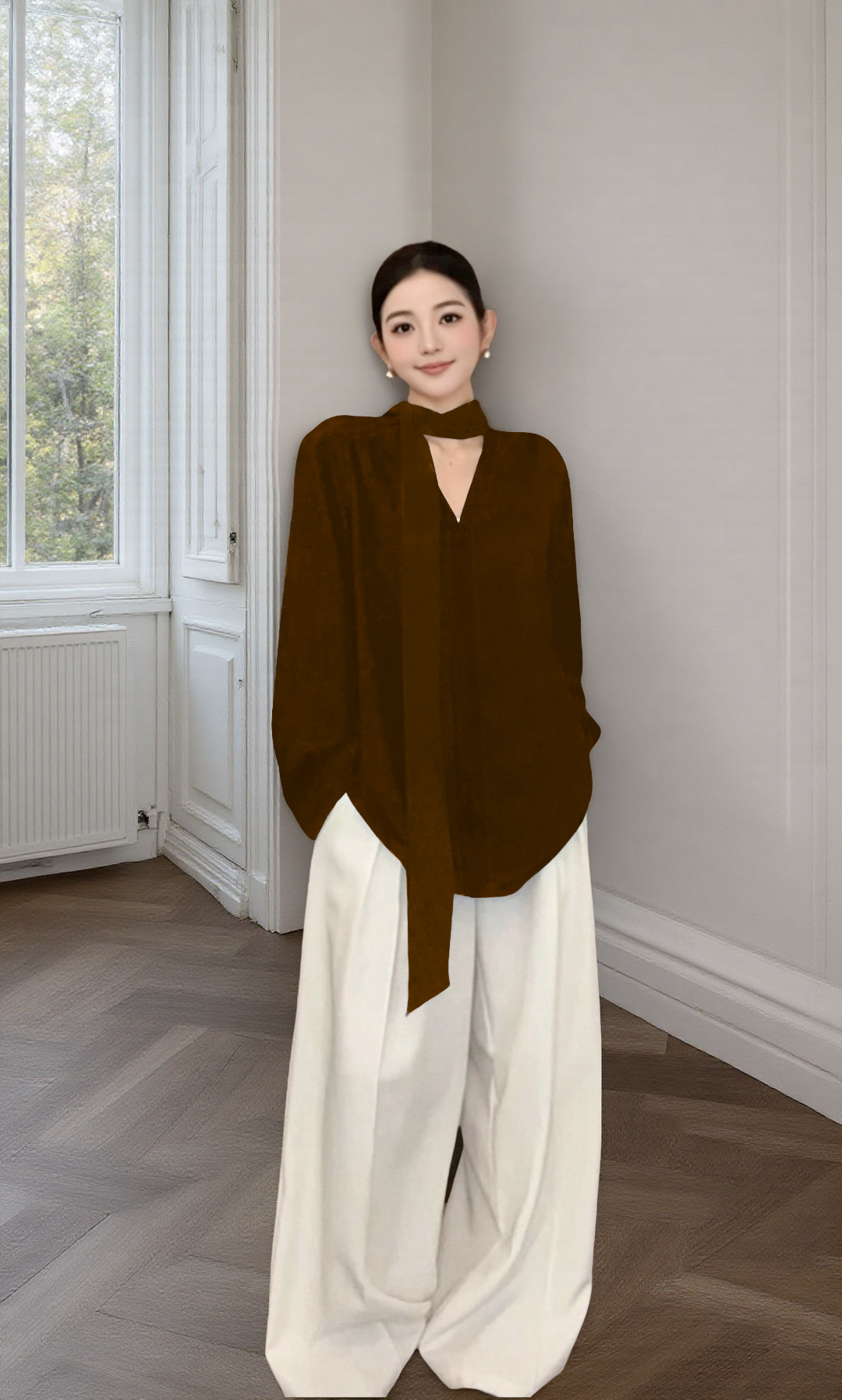 咖色v领飘带衬衫女装春秋设计感小众中长款上衣