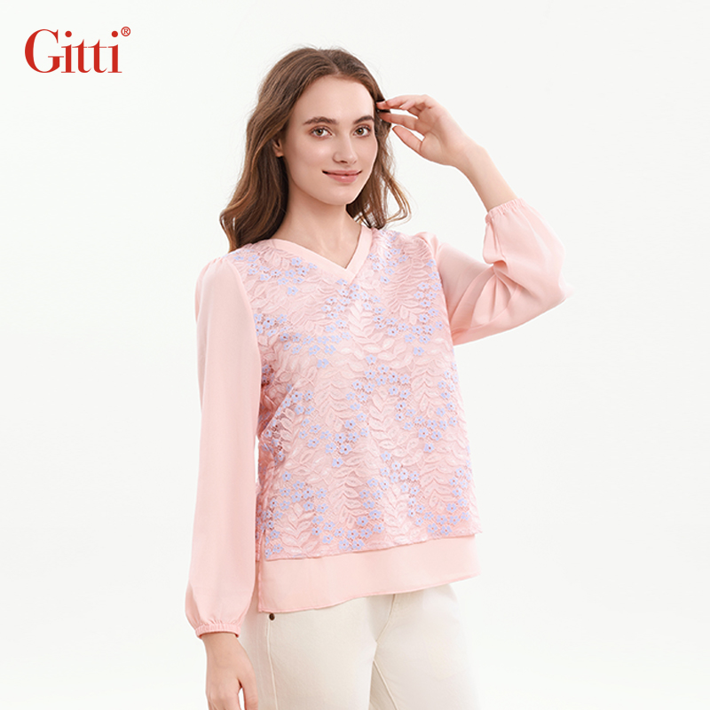 Gitti/吉蒂V领假两件蕾丝宽松大码T恤女棉优雅长袖上衣G255023