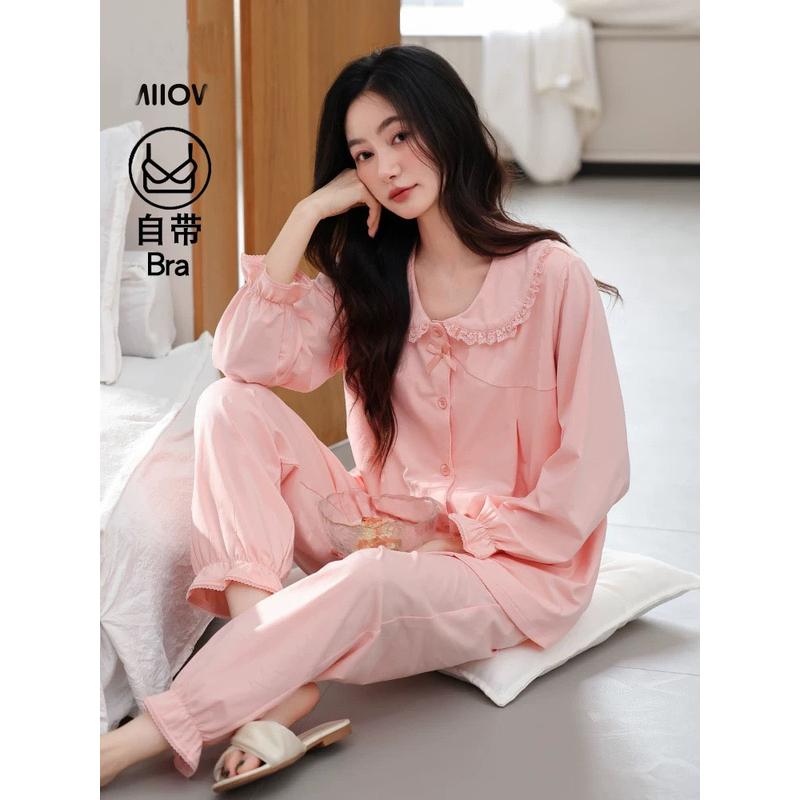 睡衣女25新款带胸垫纯棉女士长袖春秋季夏粉嫩公主风家居服春秋款