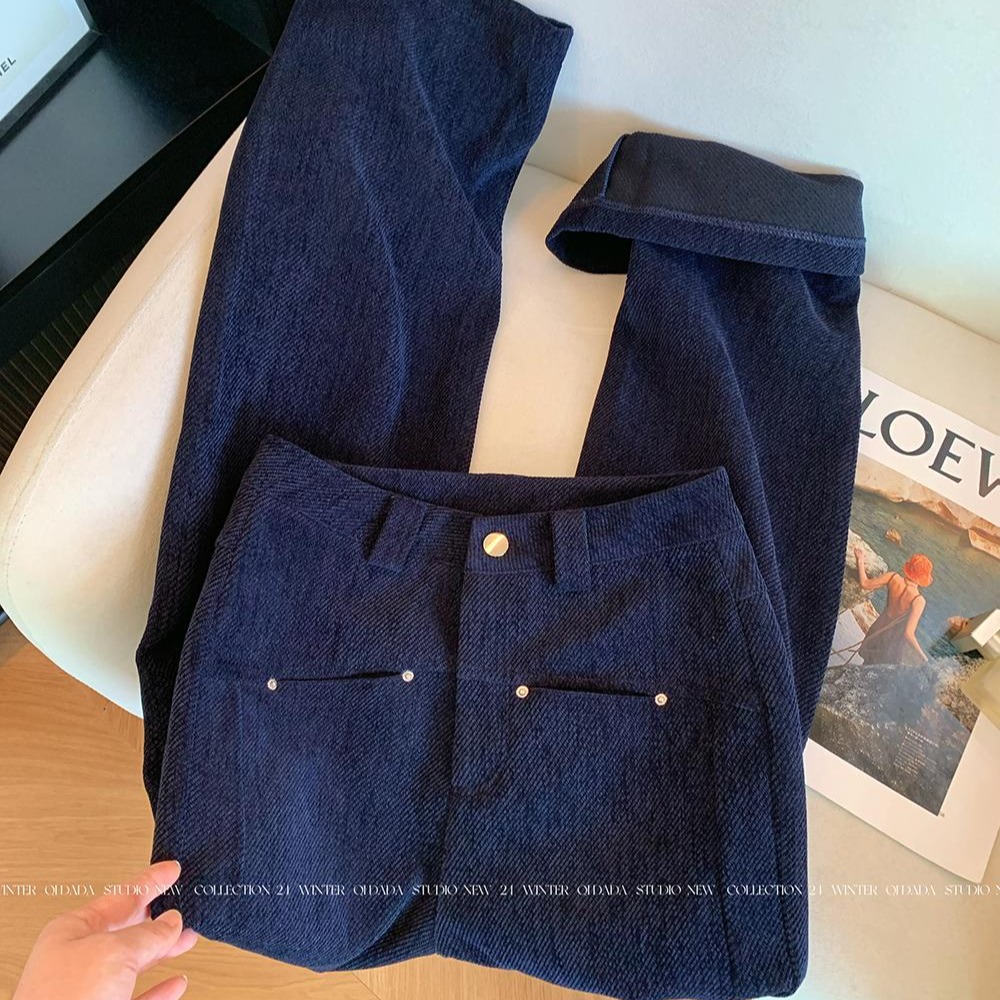 韩版藏青色灯芯绒直筒裤女秋冬款高腰休闲阔腿裤梨型身材显瘦长裤