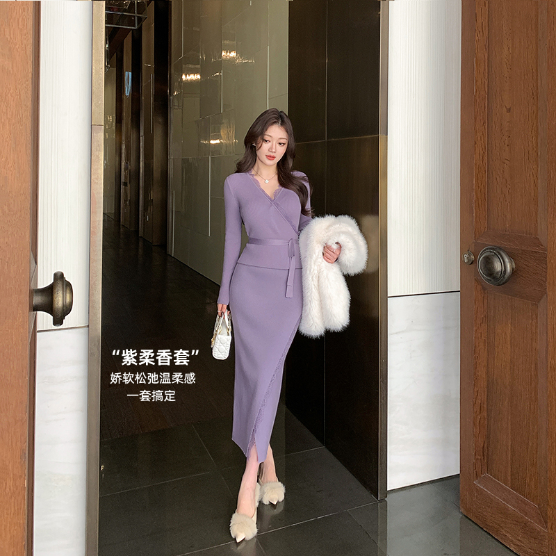 林关关【紫柔香】 韵味温柔蕾丝拼接针织上衣+秋冬季半身裙两件套装