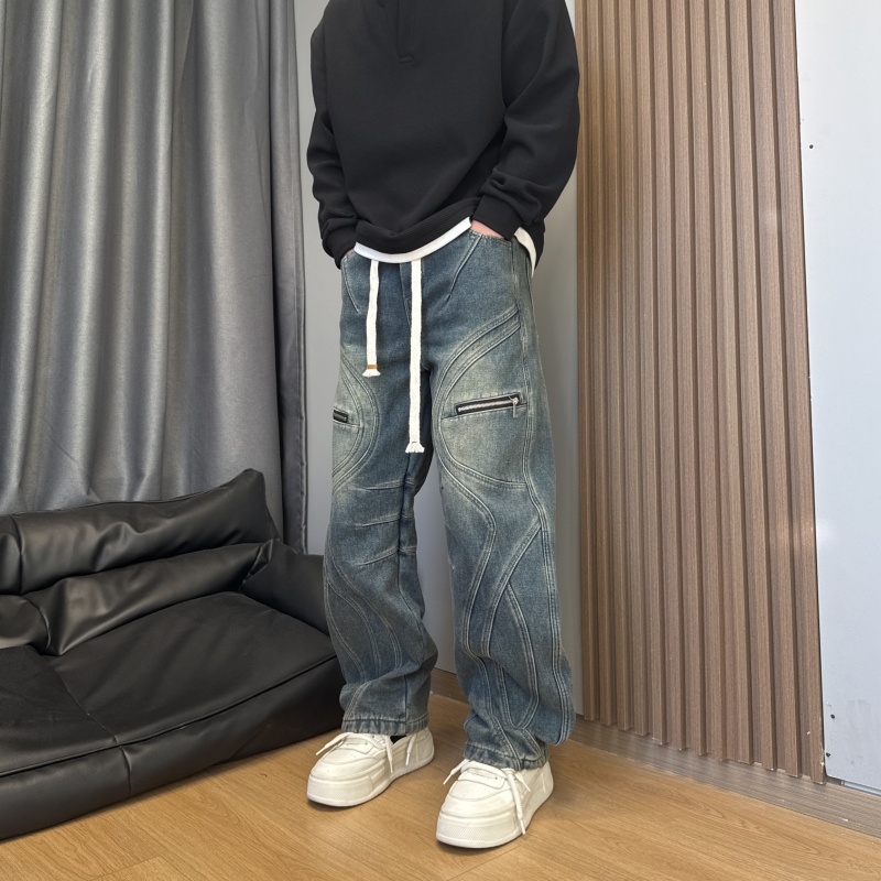 2025秋冬季复古做旧渐变休闲水洗保暖加绒加厚直筒裤垂感牛仔裤男
