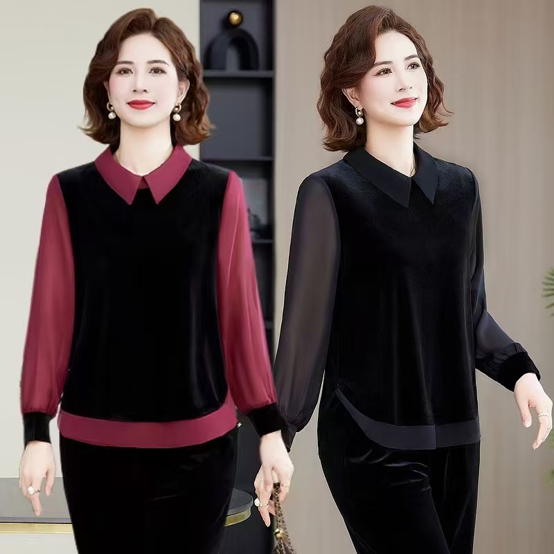 （小曼推荐）1603#新款时尚减龄丝绒拼接上衣