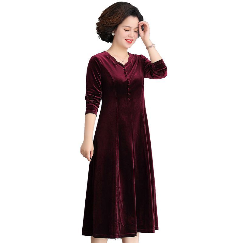 妈妈春装连衣裙中年金丝绒喜婆婆婚礼服中老年女春秋