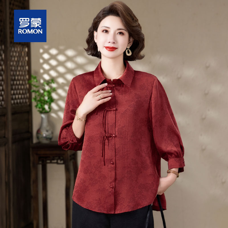 罗蒙妈妈春夏装2025新款洋气衬衫中老年女装上衣中年宽松小衫套装