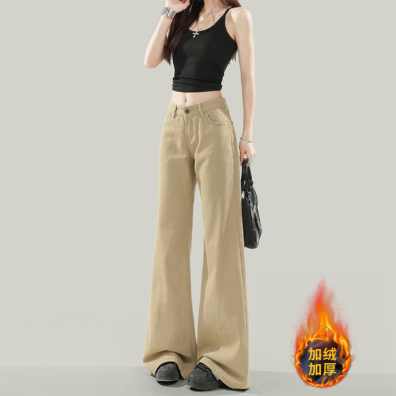 美式复古卡其色低腰牛仔裤女2025秋冬新款辣妹不贴腿微喇阔腿长裤