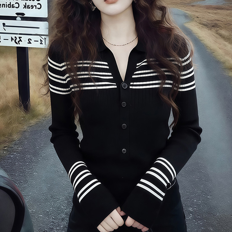 M1007韩系黑色高级感撞色条纹长袖针织衫