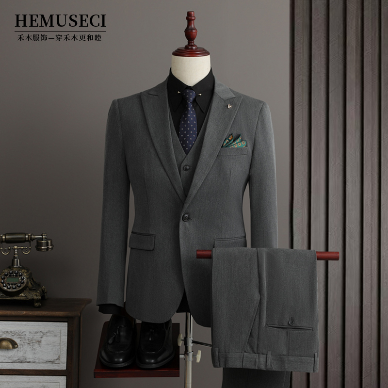 高档灰色新郎大码商务休闲外套西装套装雅痞修身韩版婚礼结婚礼服
