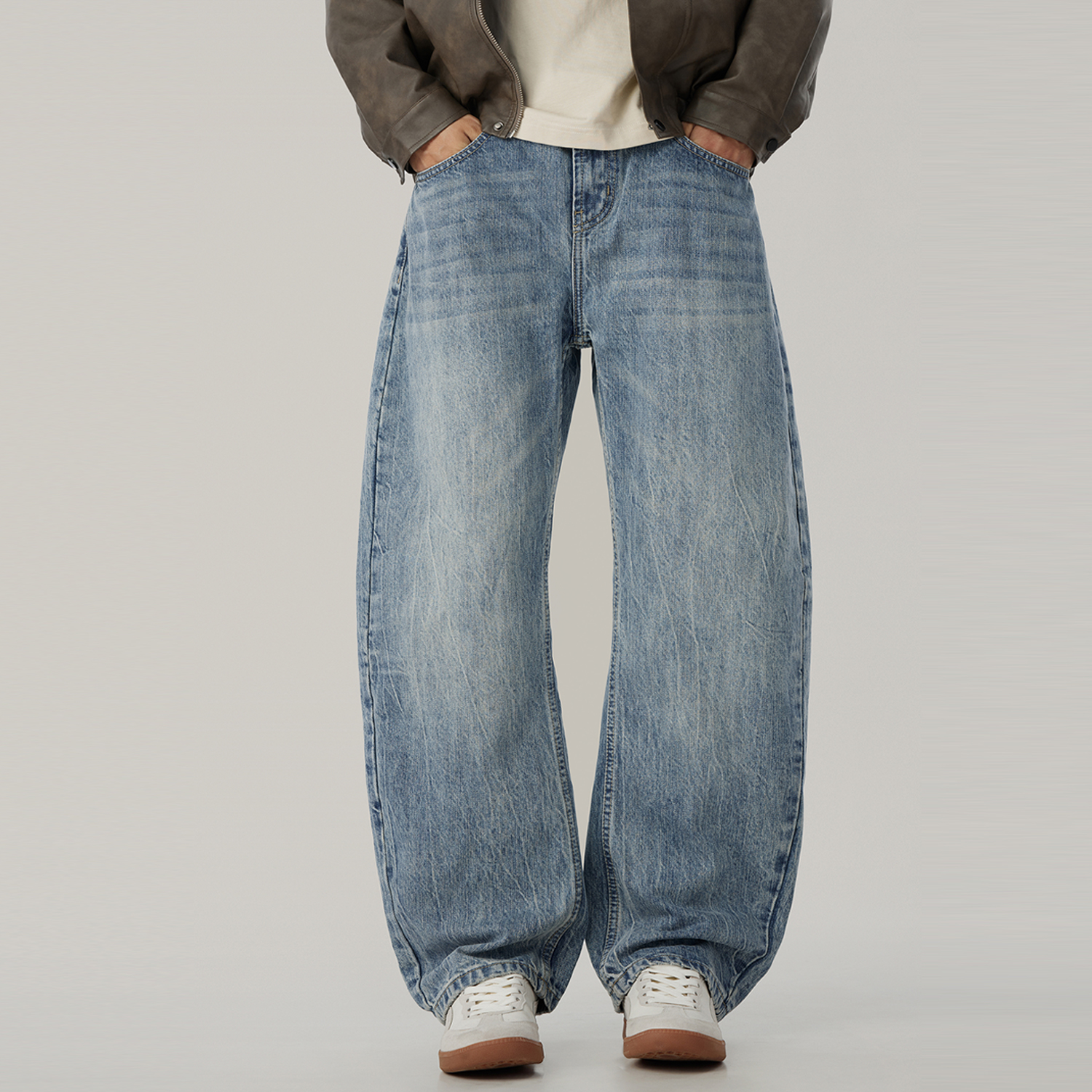 秋季潮牌美式高街水洗复古弯刀裤男士痞帅垂感宽松阔腿扎染牛仔裤