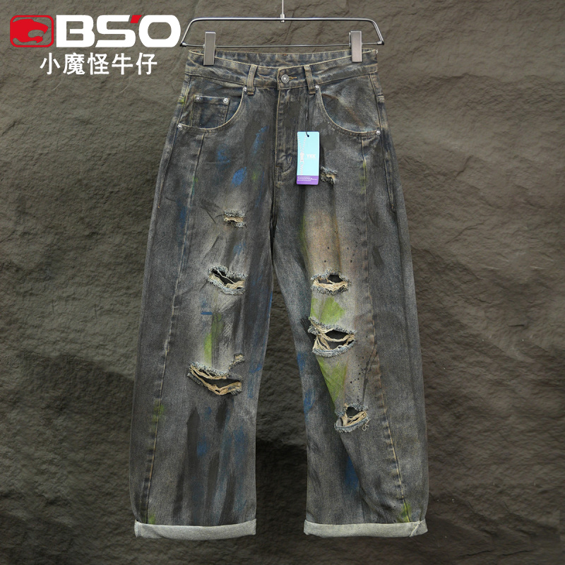小魔怪秋季美式高街破洞牛仔裤男潮牌阔腿裤涂鸦小众设计感长裤子