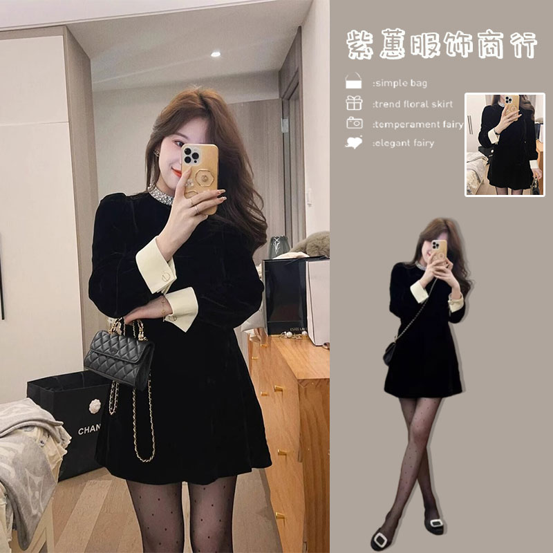 法式珍珠黑色丝绒连衣裙子女收腰气质高级感小个子内搭短裙秋冬季