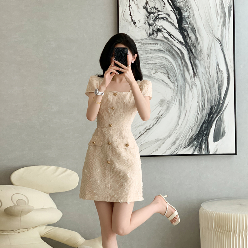 法式小香风高级感方领连衣裙女夏季新款今年流行爆款气质名媛短裙