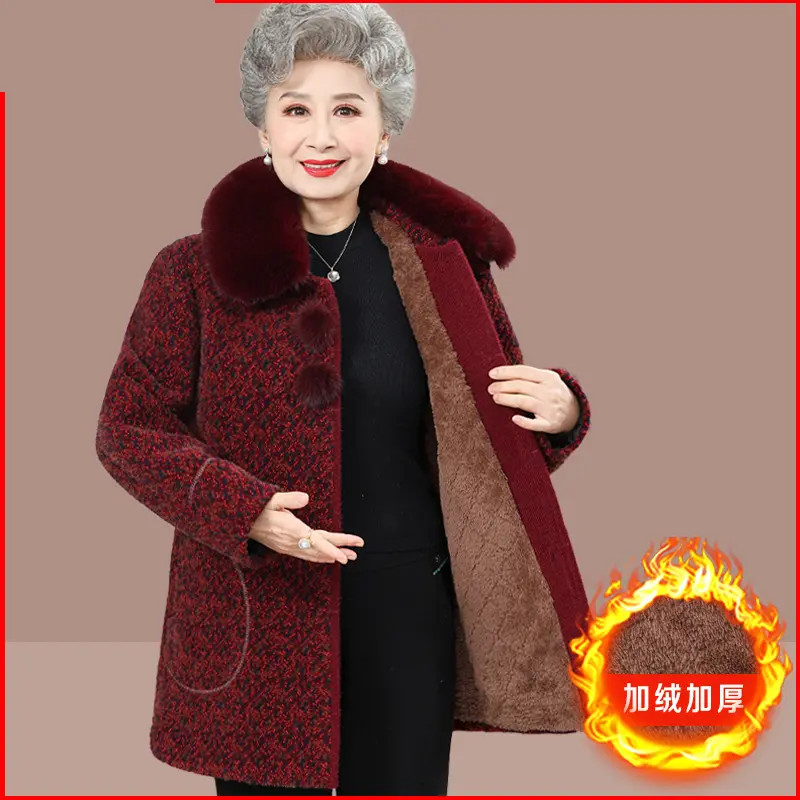 奶奶冬装水貂绒大衣加绒加厚棉衣老年人60岁妈妈女装外套衣服洋气