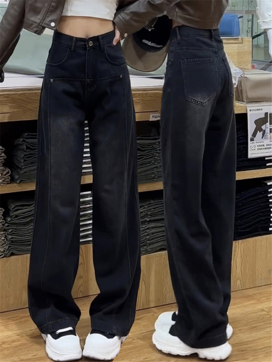 黑色阔腿牛仔裤女2025秋冬加绒胖mm梨形身材大码宽松显瘦直筒裤子