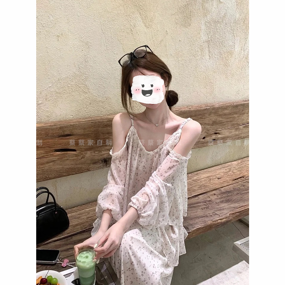 蔡蔡家「柏林少女」一字肩度假风碎花连衣裙休闲吊带宽松长裙66882#