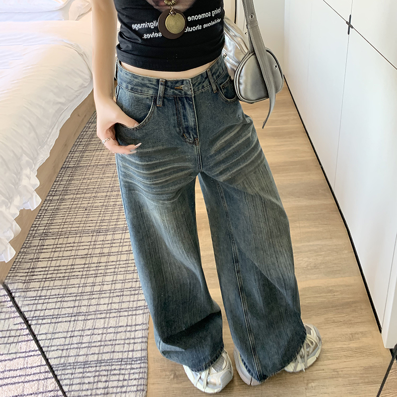 韩版设计条纹阔腿牛仔裤女2025秋季新款复古高腰直筒宽松拖地裤子