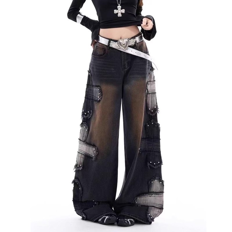 2025美式设计感贴布牛仔裤女高街水洗阔腿裤宽松显瘦拖地裤