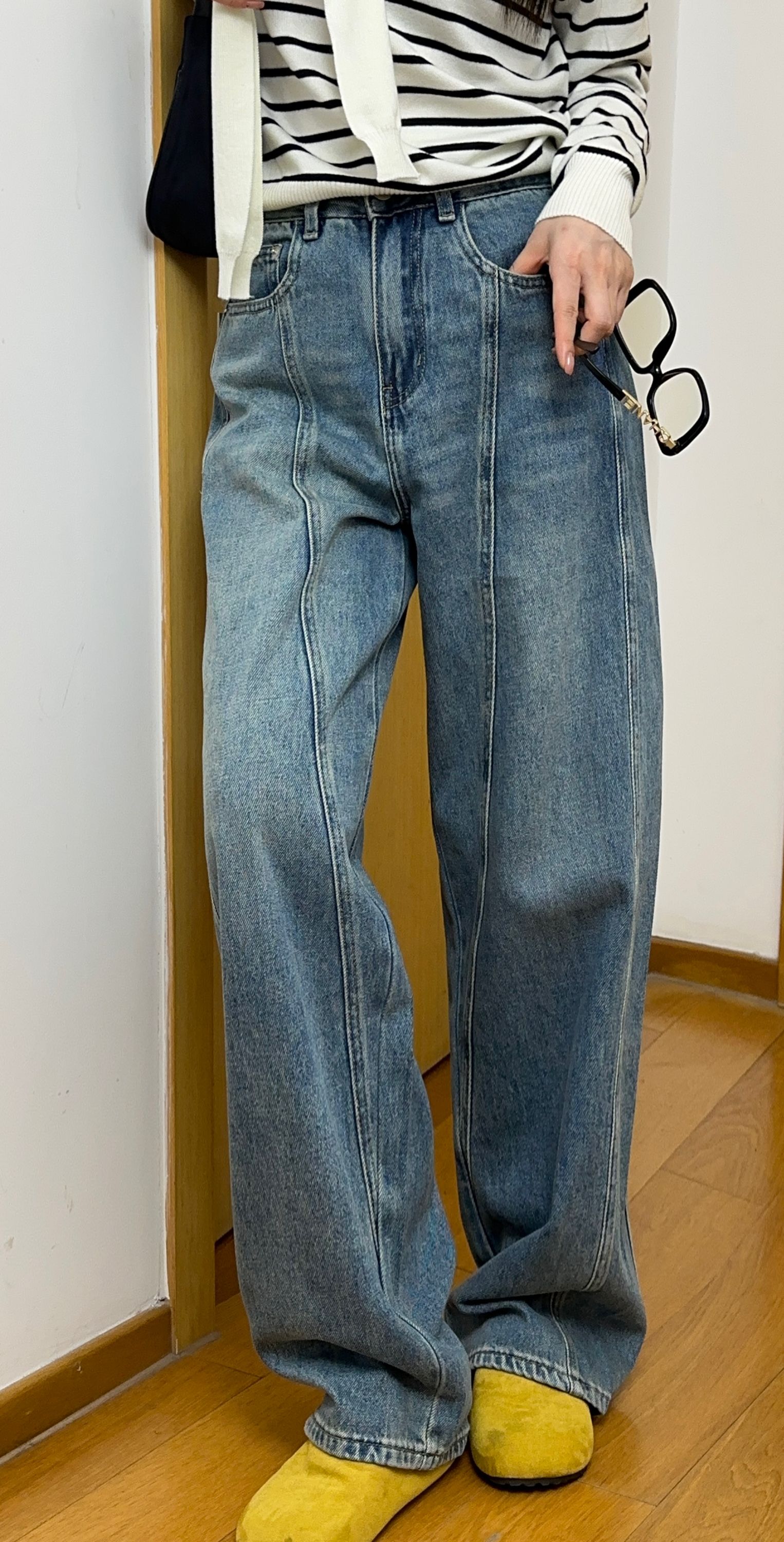 【2505】复古牛仔蓝阔腿弯刀裤秋冬高街男友风高腰