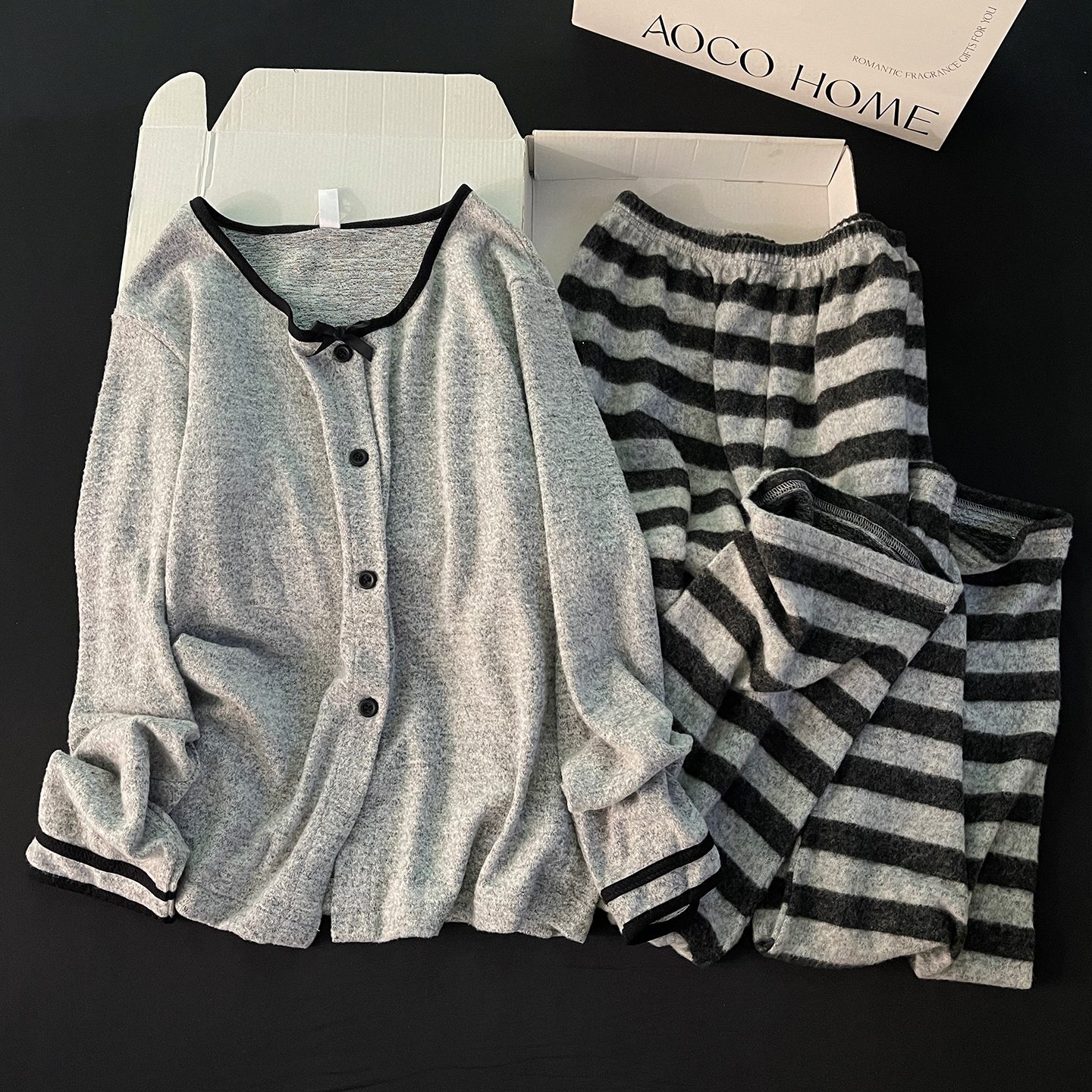 秋冬季睡衣女款简约灰色羊毛抓毛开衫韩系条纹长裤学生家居服套装