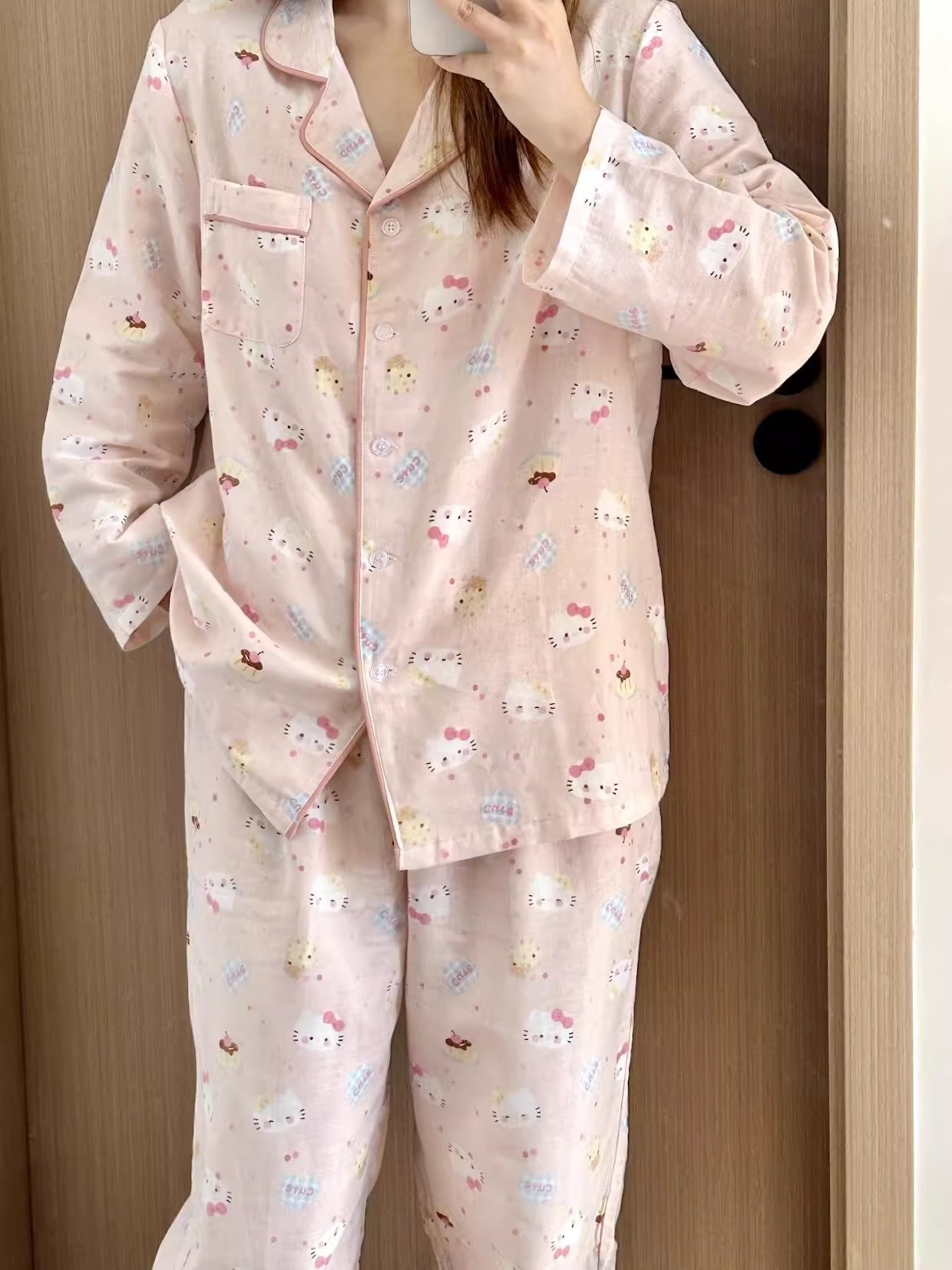 软糯亲肤可爱Kitty睡衣女春秋款新款小翻领长裤家居服可外穿套装