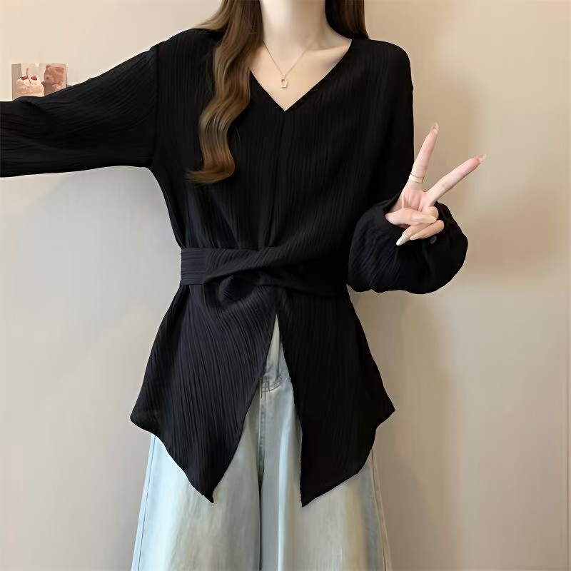 大码女装法式不规则泡泡袖长袖衬衫女春秋胖妹妹显瘦开叉别致上衣