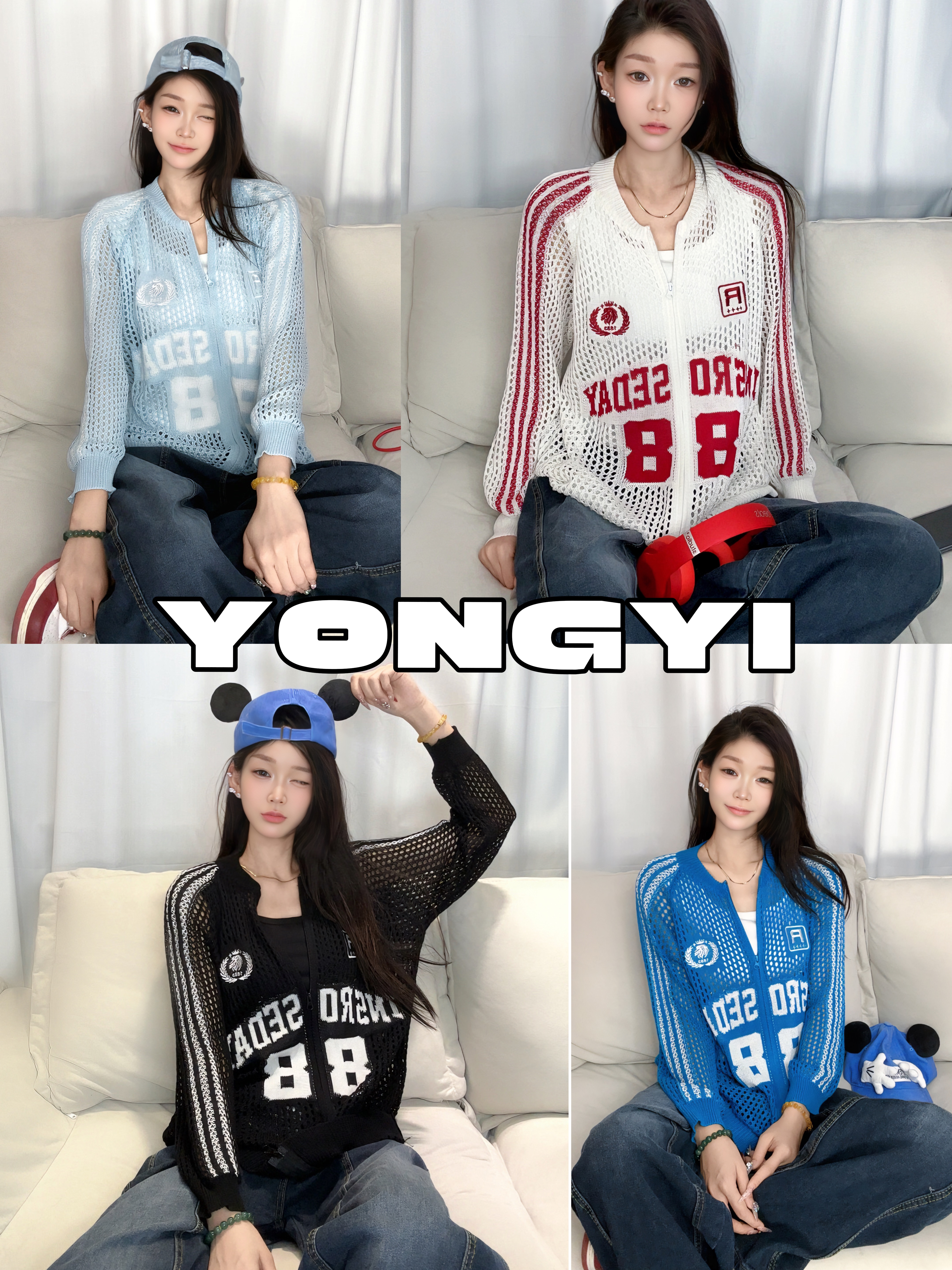 YONGYII冠希同款三条杠镂空针织衫翻领潮牌男女夏季百搭个性短袖