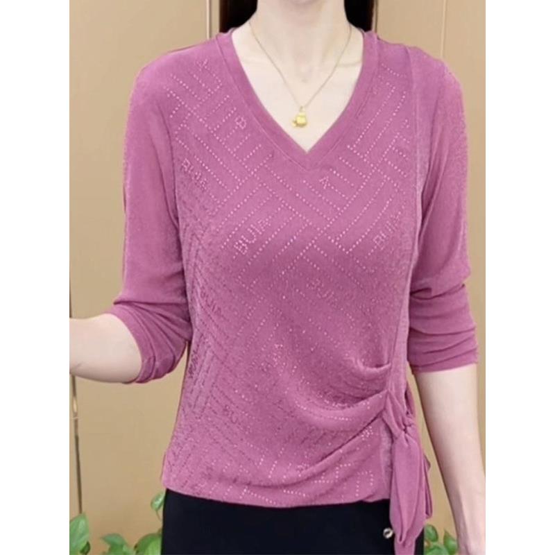 春季新款时尚精致V领烫钻系带设计感气质显瘦长袖打底舒适上衣