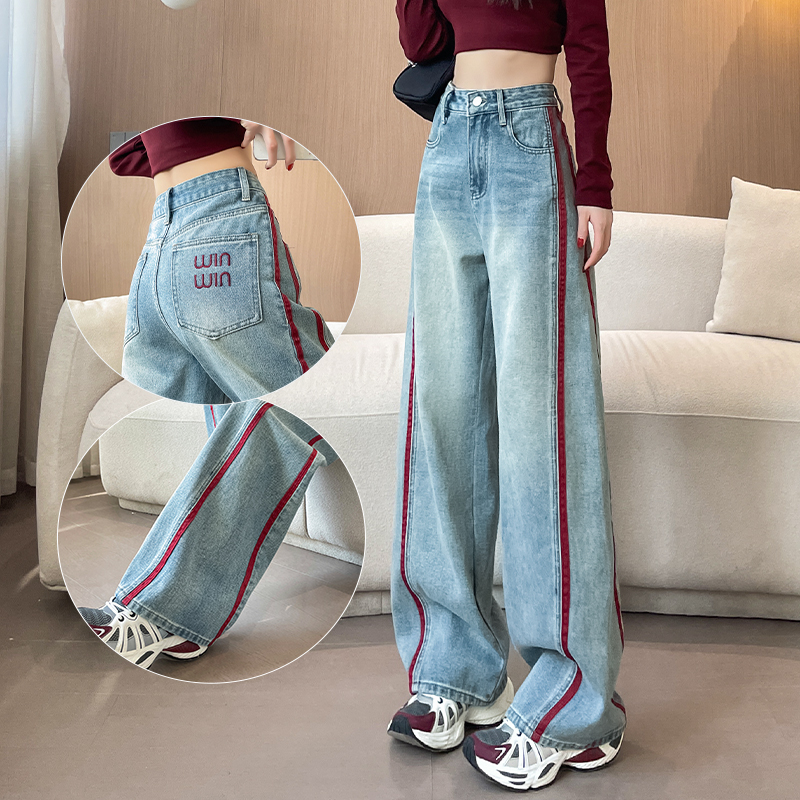 加绒刺绣阔腿牛仔裤女2025年秋冬新款高腰显瘦宽松撞色窄版直筒裤