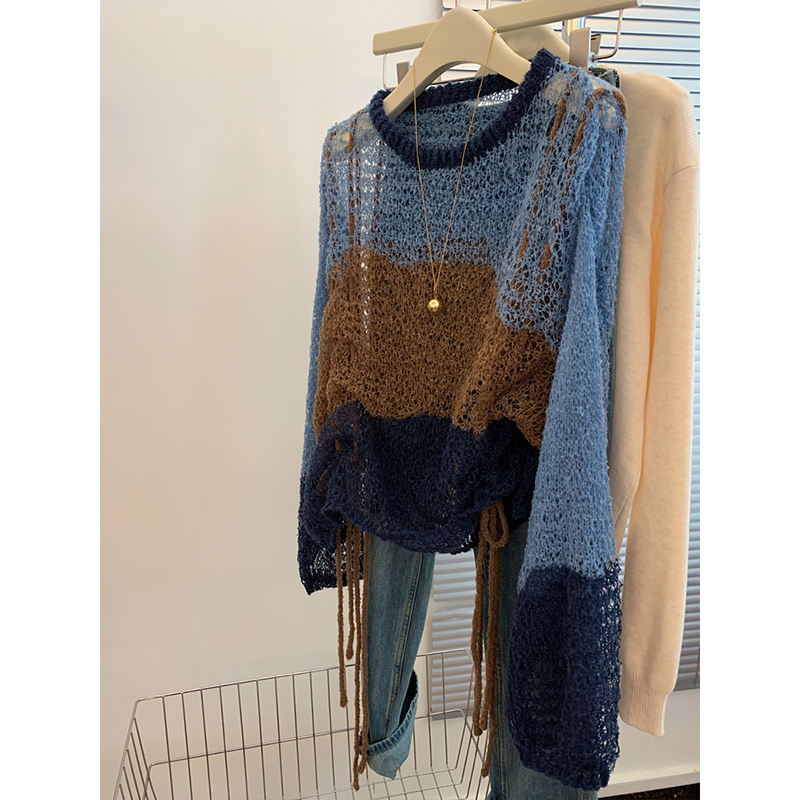 蓝色镂空针织衫毛衣女士2025新款上衣设计感小众罩衫韩系早秋穿搭