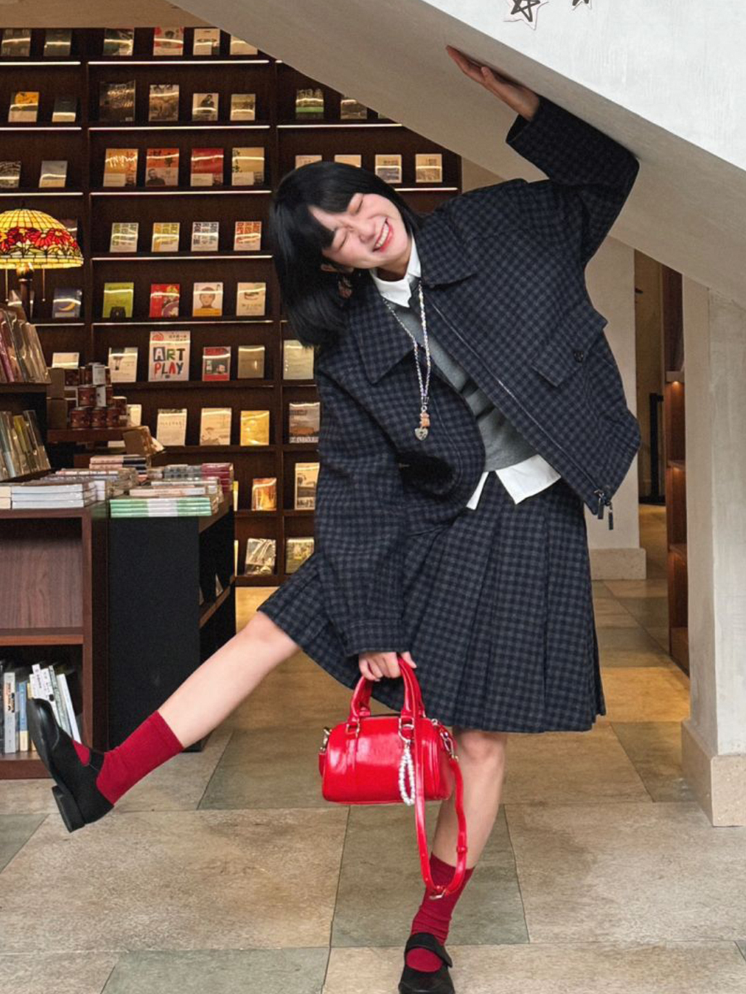 韩系气质复古学院风套装裙女2025秋冬廓形款式格子工装夹克半身裙